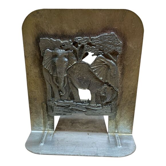Vintage METZKE Pewter Bookends African Elephants 3-Dimensional Metal Patina - Picture 3 of 16